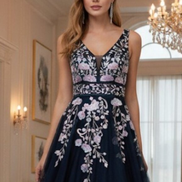 Say Yes To The Prom Floral Embroidered Navy Tulle Ball Gown, 9 NWT - Picture 3 of 16